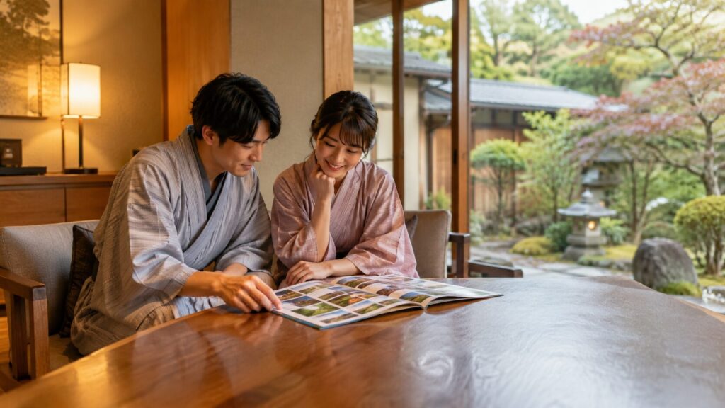 高級旅館の客室で旅行パンフレットを見る浴衣姿の日本人カップル