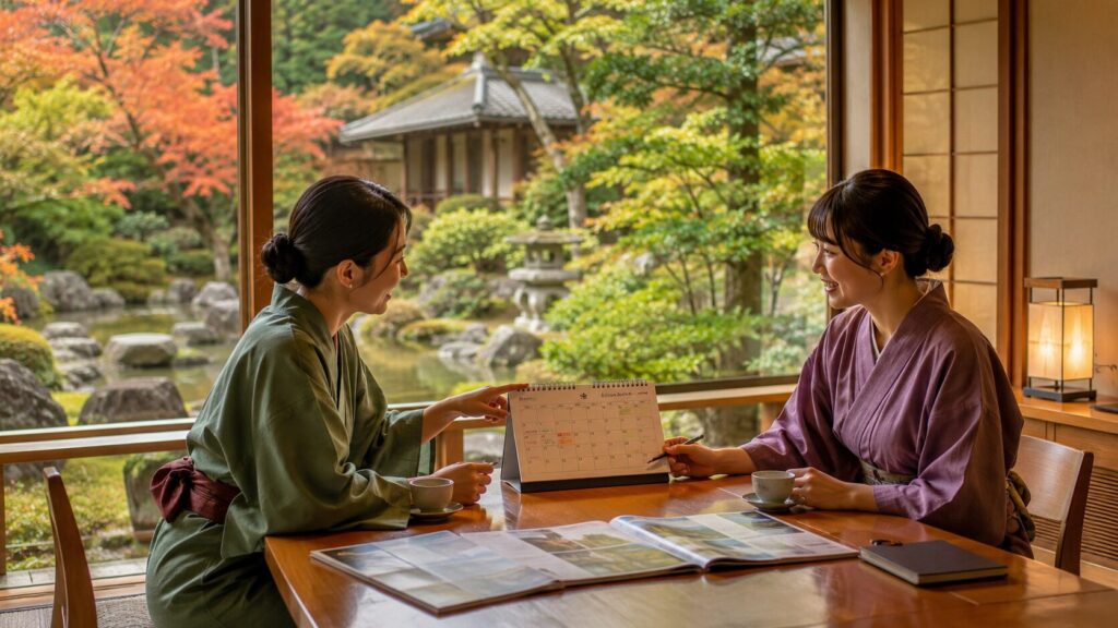 高級旅館でカレンダーを見ながら国内旅行の時期を相談する日本人女性