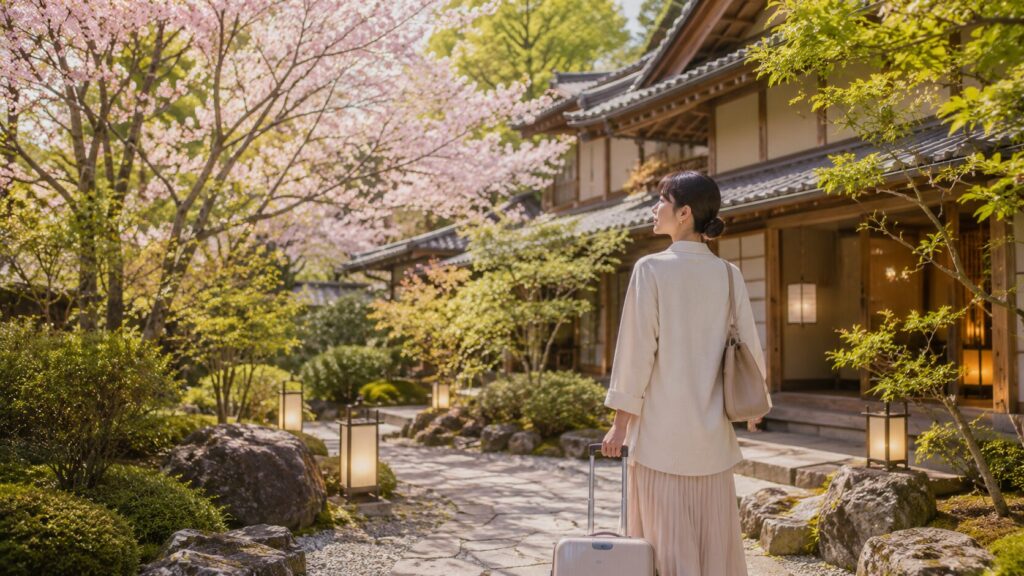 桜と新緑に包まれた高級旅館の庭園を歩く日本人女性旅行者