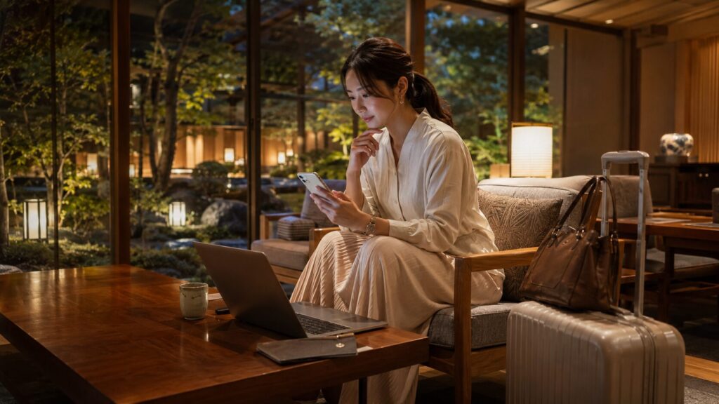 高級旅館のラウンジでスマートフォンとパソコンを使い宿泊料金を比較する日本人女性