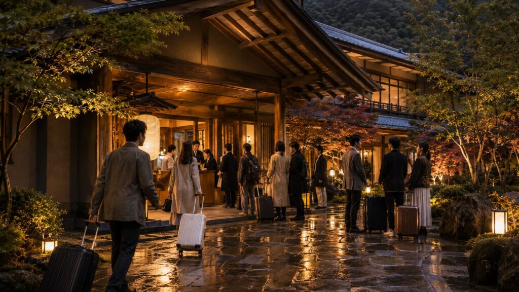 大型連休に宿泊客で混雑する高級旅館のエントランス