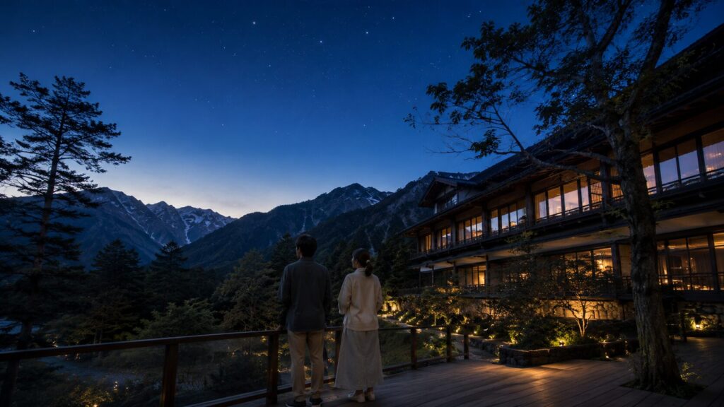 上高地の宿泊施設で星空と山並みを眺める日本人の男女