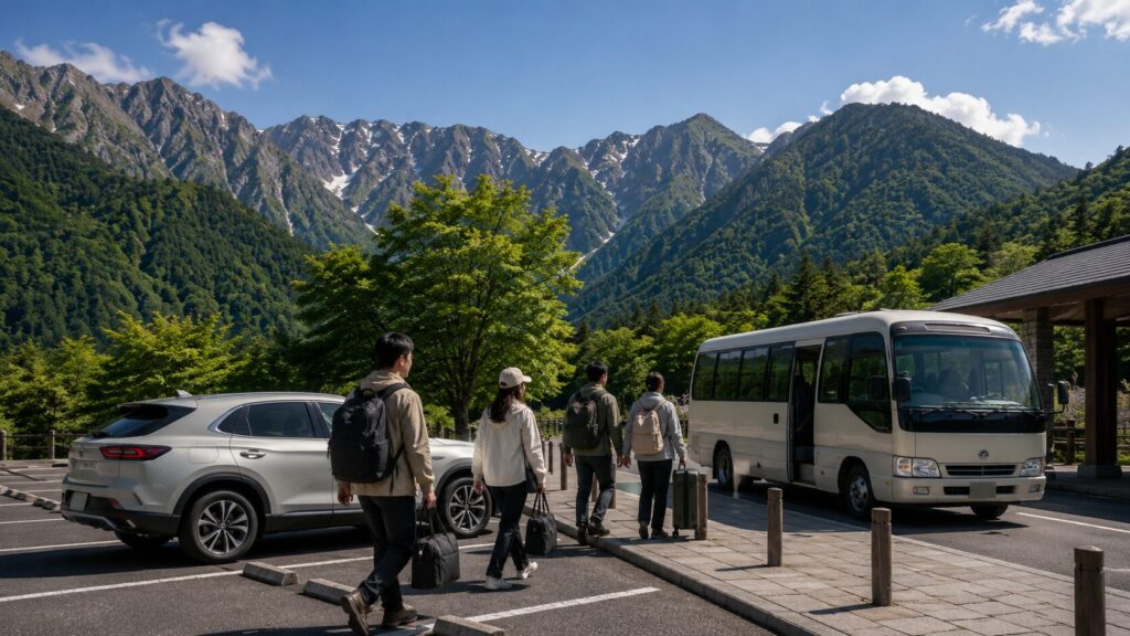 上高地の乗り換え駐車場で車からシャトルバスへ向かう旅行者