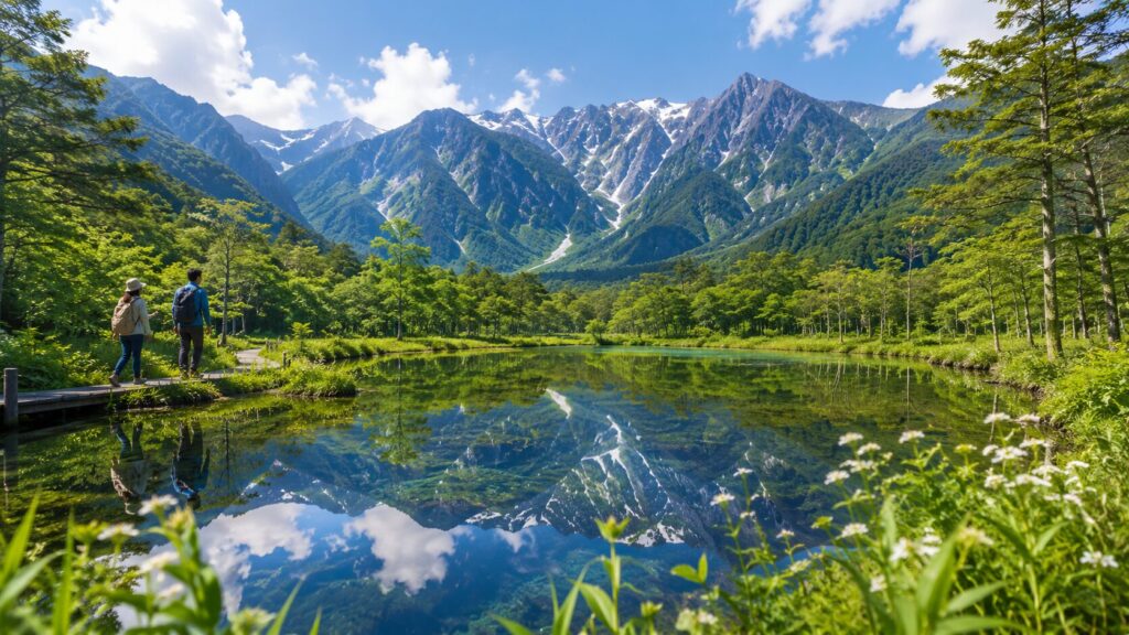 新緑の上高地で山並みが映る池の木道を散策する旅行者