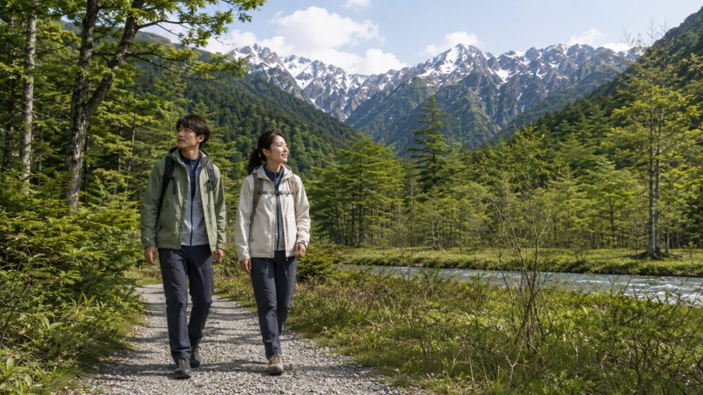 上高地の気温に適した重ね着で梓川沿いを散策する日本人男女