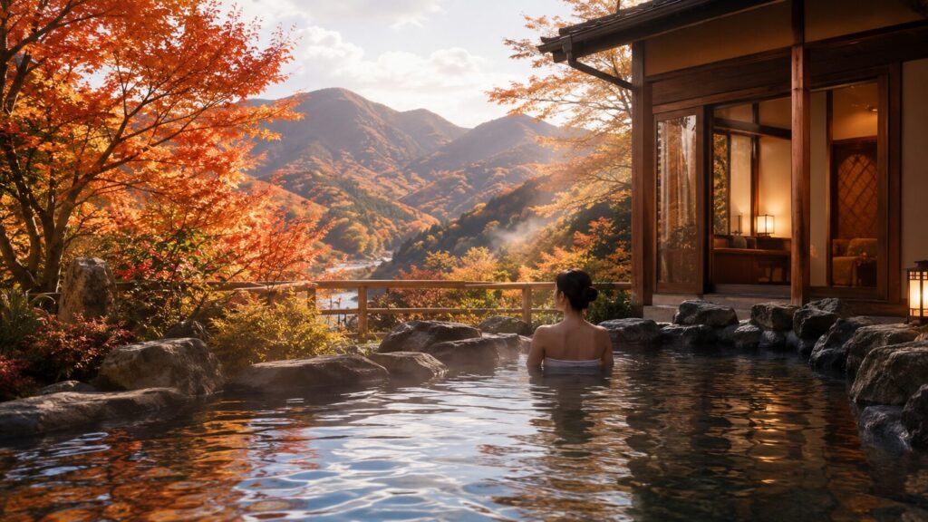 新潟の紅葉と山並みを眺めながら露天風呂を楽しむ女性