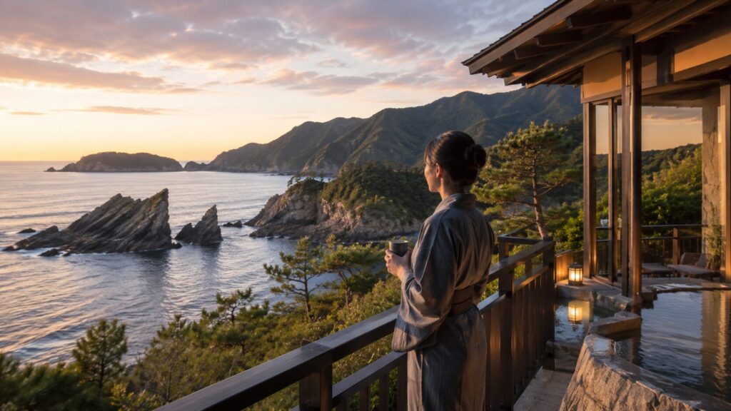 新潟の海岸と夕日を望む高級旅館のテラスに立つ女性