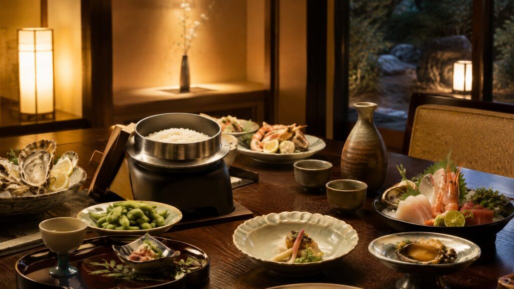 新潟の新米や枝豆、岩牡蠣、海鮮を並べた旅館料理