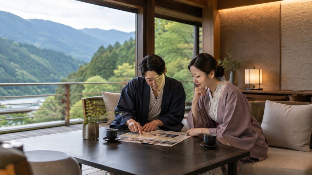 新潟の山並みを望む旅館で旅行計画を立てる日本人カップル