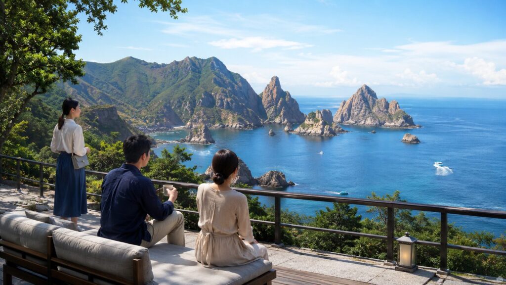 佐渡島の雄大な海岸景観を展望台から眺める日本人旅行者