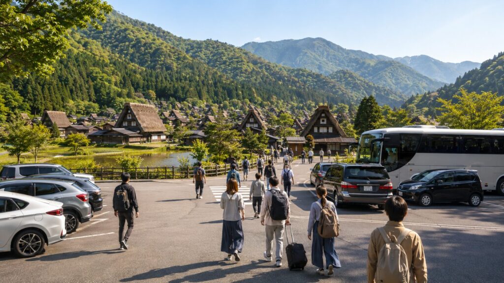 車や観光バスで白川郷へ到着し合掌造り集落へ向かう旅行者