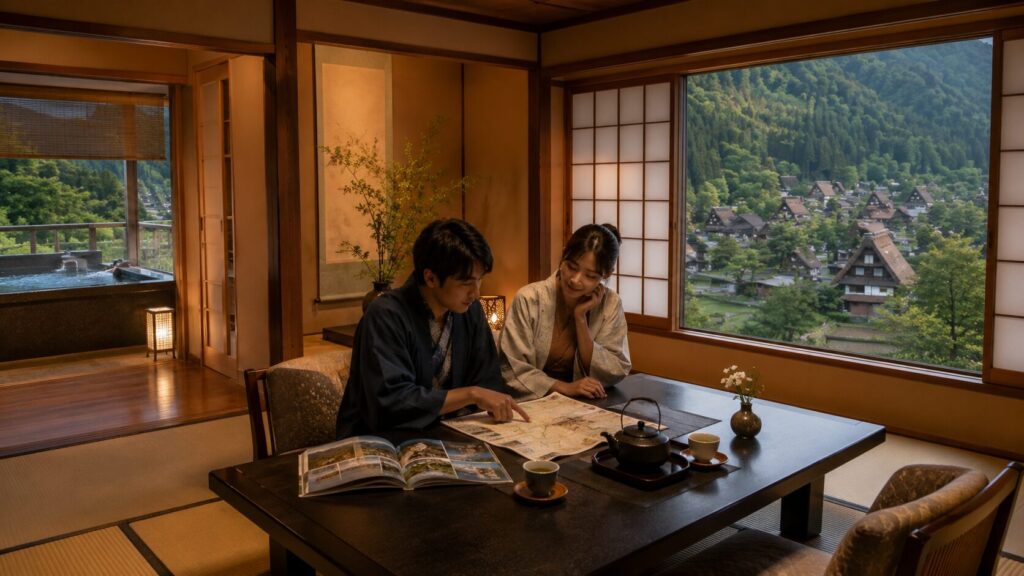 白川郷を望む和室で地図を見ながら宿泊旅行を計画する日本人カップル