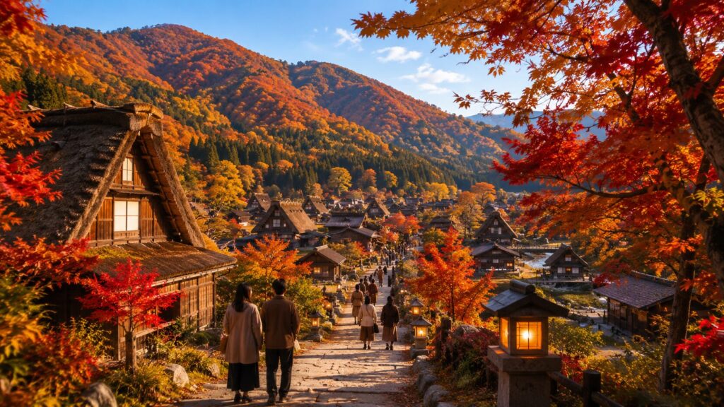 紅葉に包まれた白川郷の合掌造り集落を歩く日本人観光客