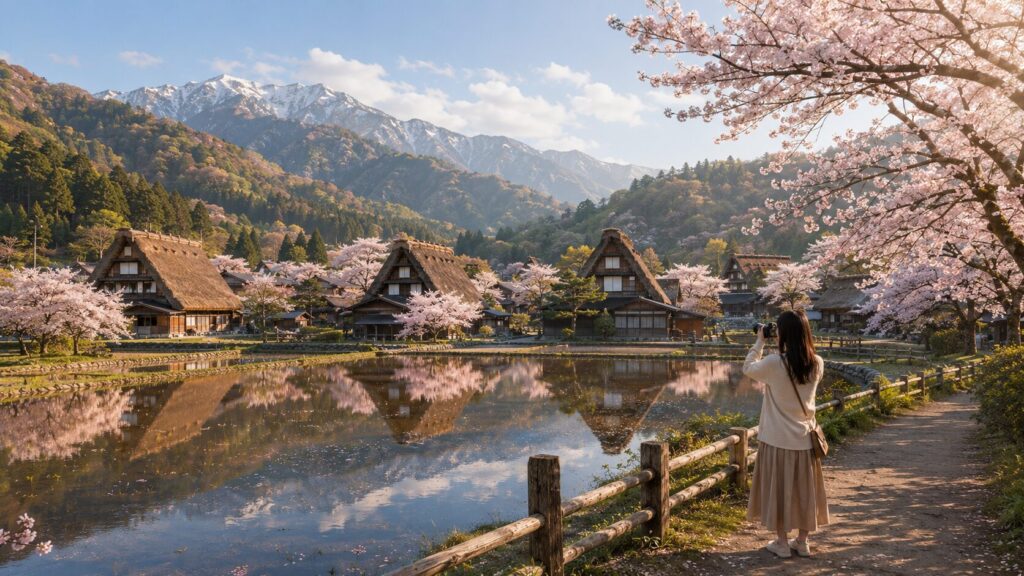 桜と合掌造り家屋が水田に映る春の白川郷を撮影する日本人女性