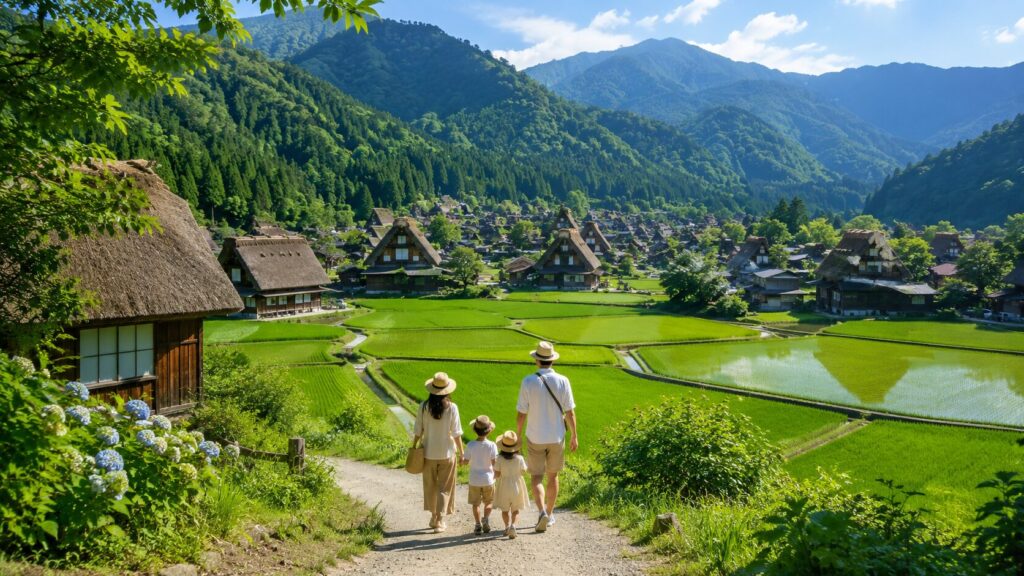 夏の緑豊かな水田と合掌造り集落を散策する日本人家族