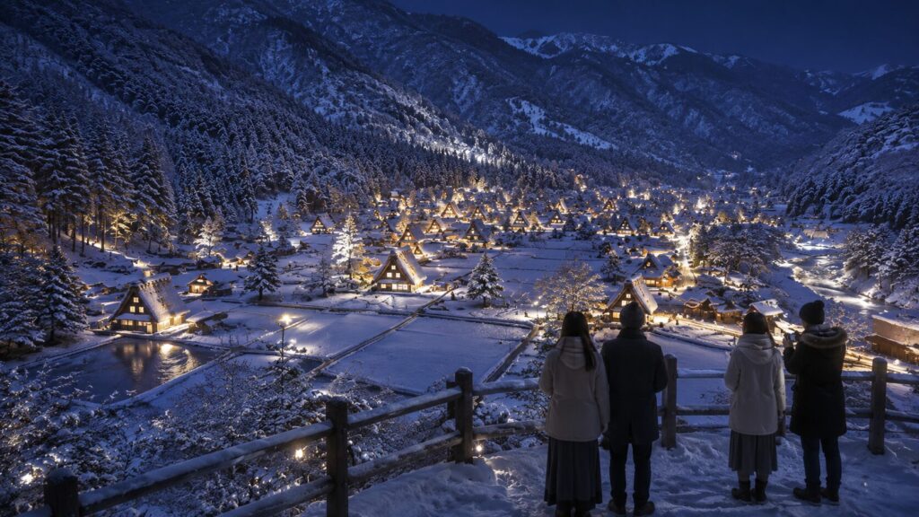 雪に包まれた白川郷の合掌造り集落を展望台から眺める冬の観光客