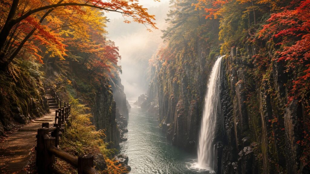 紅葉に包まれた高千穂峡の真名井の滝と遊歩道
