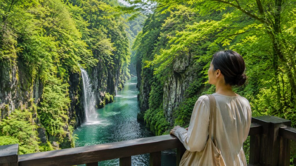 新緑の高千穂峡を展望台から眺める女性旅行者