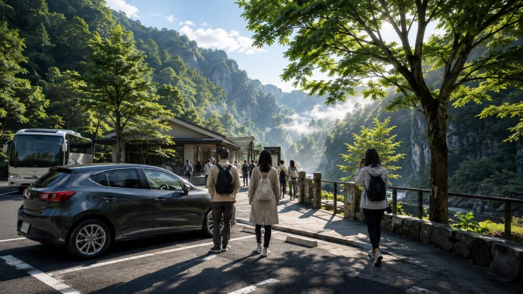 高千穂峡周辺の駐車場から観光へ向かう旅行者