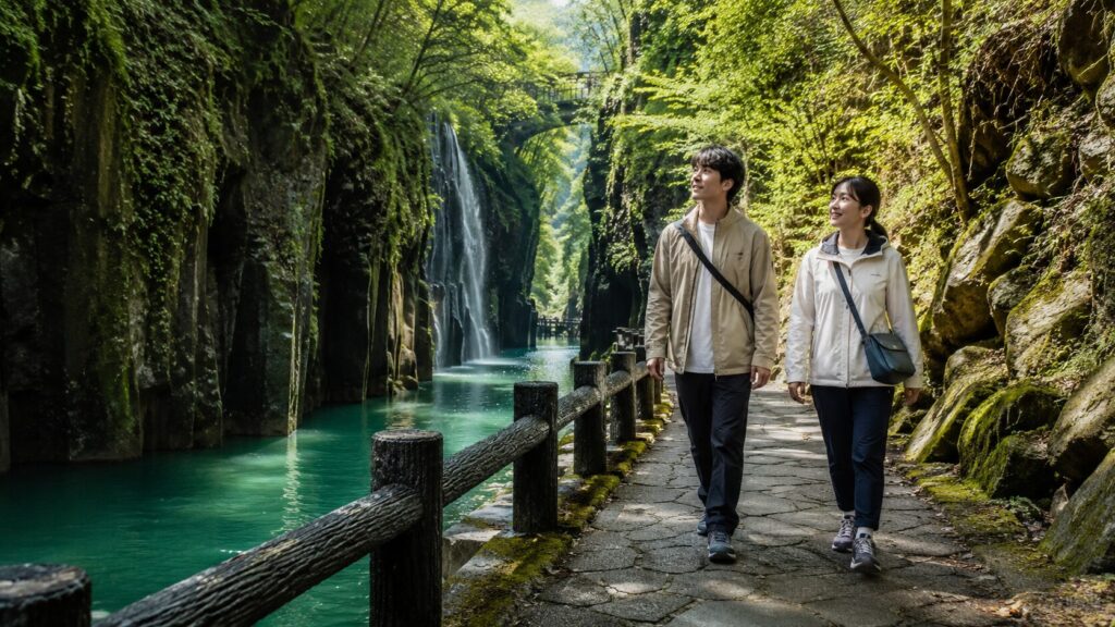 高千穂峡を季節に合う服装で散策する日本人旅行者