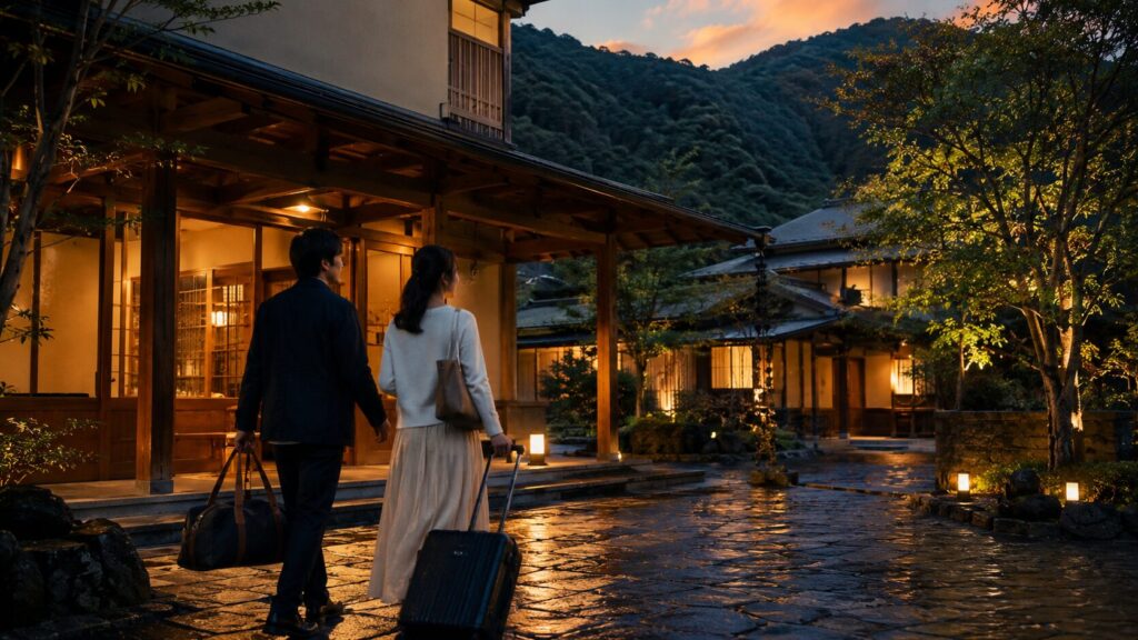 高千穂峡観光後に山あいの和風旅館へ到着する旅行者